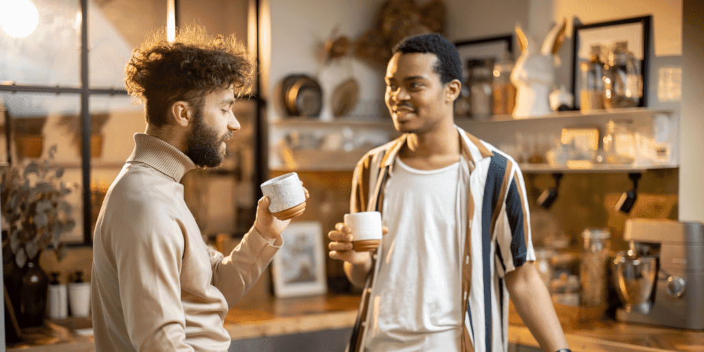 An intersectional, gay couple with multicultural backgrounds enjoy coffee together.
