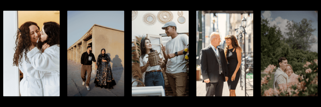 Five photos of couples of different gender, age, and nationality for a story section about how Tawkify is the best dating app for introverts.