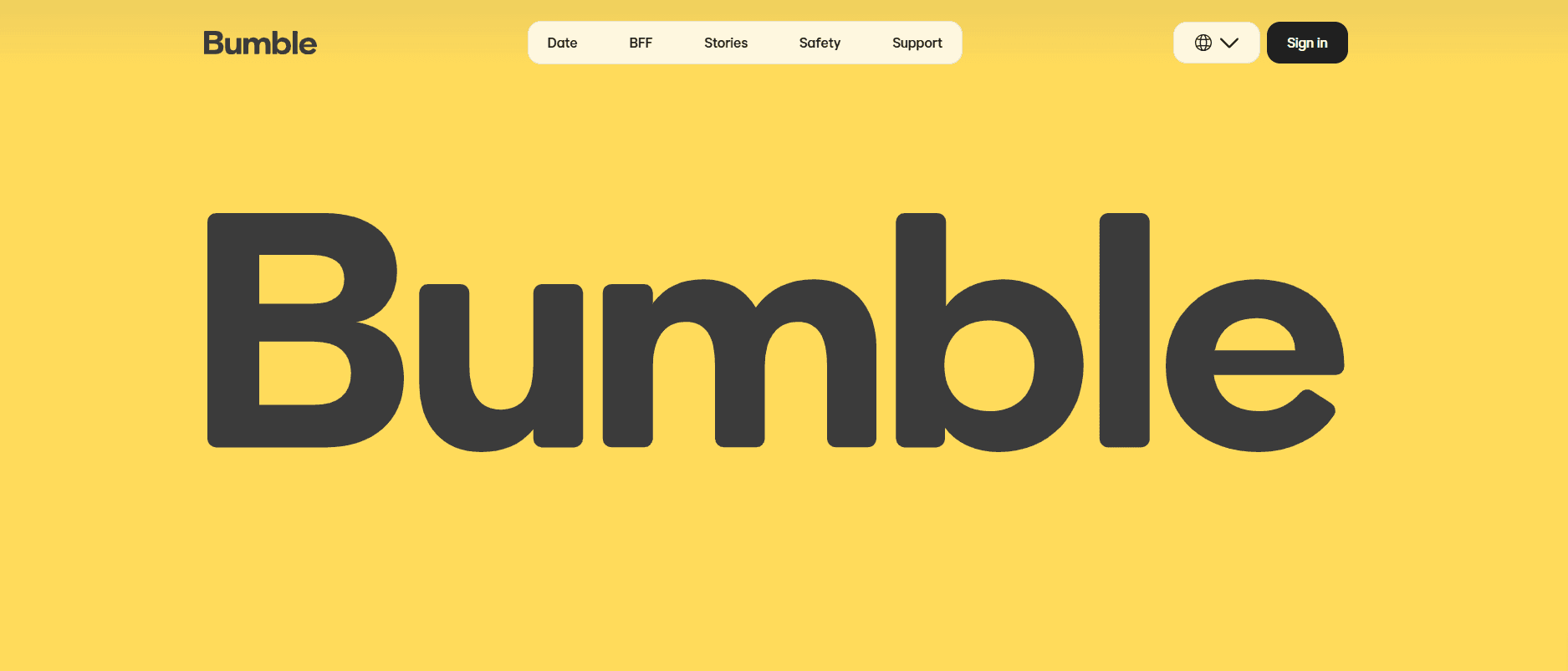 Bumble homepage with a large Bumble wordmark on a yellow background and navigation links for Date, BFF, Stories, Safety, and Support.
