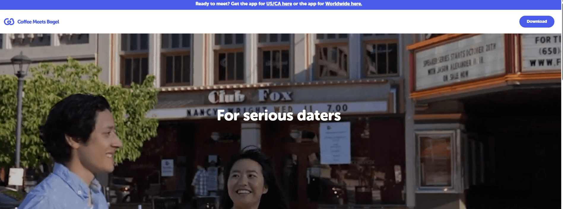 Coffee Meets Bagel homepage with the caption "For serious daters" over a photo of two people smiling outside the Club Fox theater.