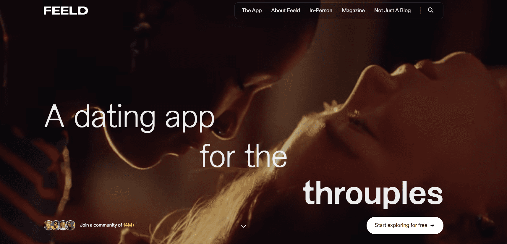Feeld homepage with the tagline "A dating app for the throuples" over a dim photo of a woman with her head tilted back.