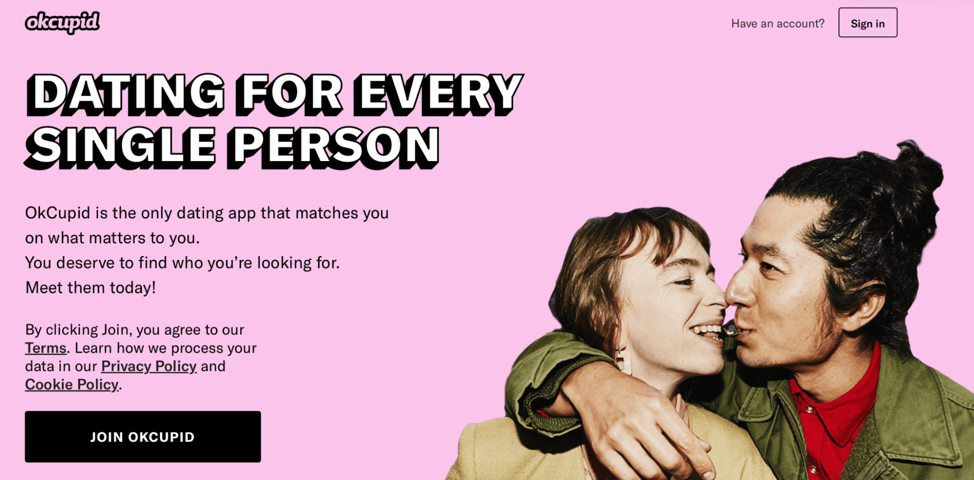 OkCupid app website with the tagline "Dating for every single person" beside a photo of a couple.