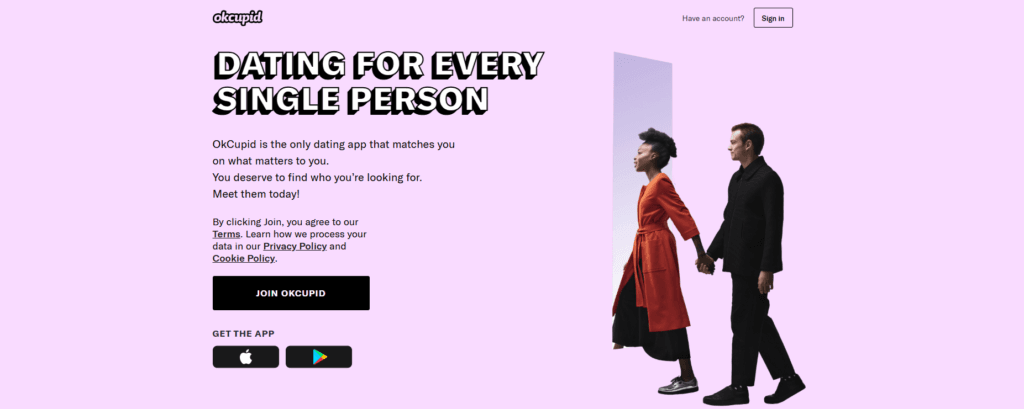 OkCupid homepage with the headline "Dating for every single person," a couple walking hand in hand on a pink background, and a Join OkCupid button.