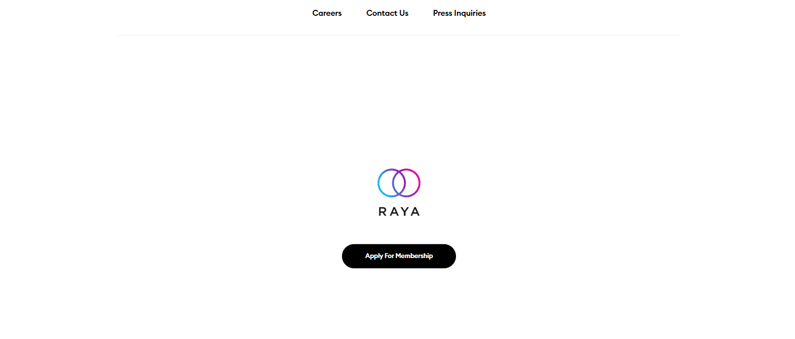 Raya homepage with the Raya logo of interlocking circles on a white background and an Apply for Membership button.