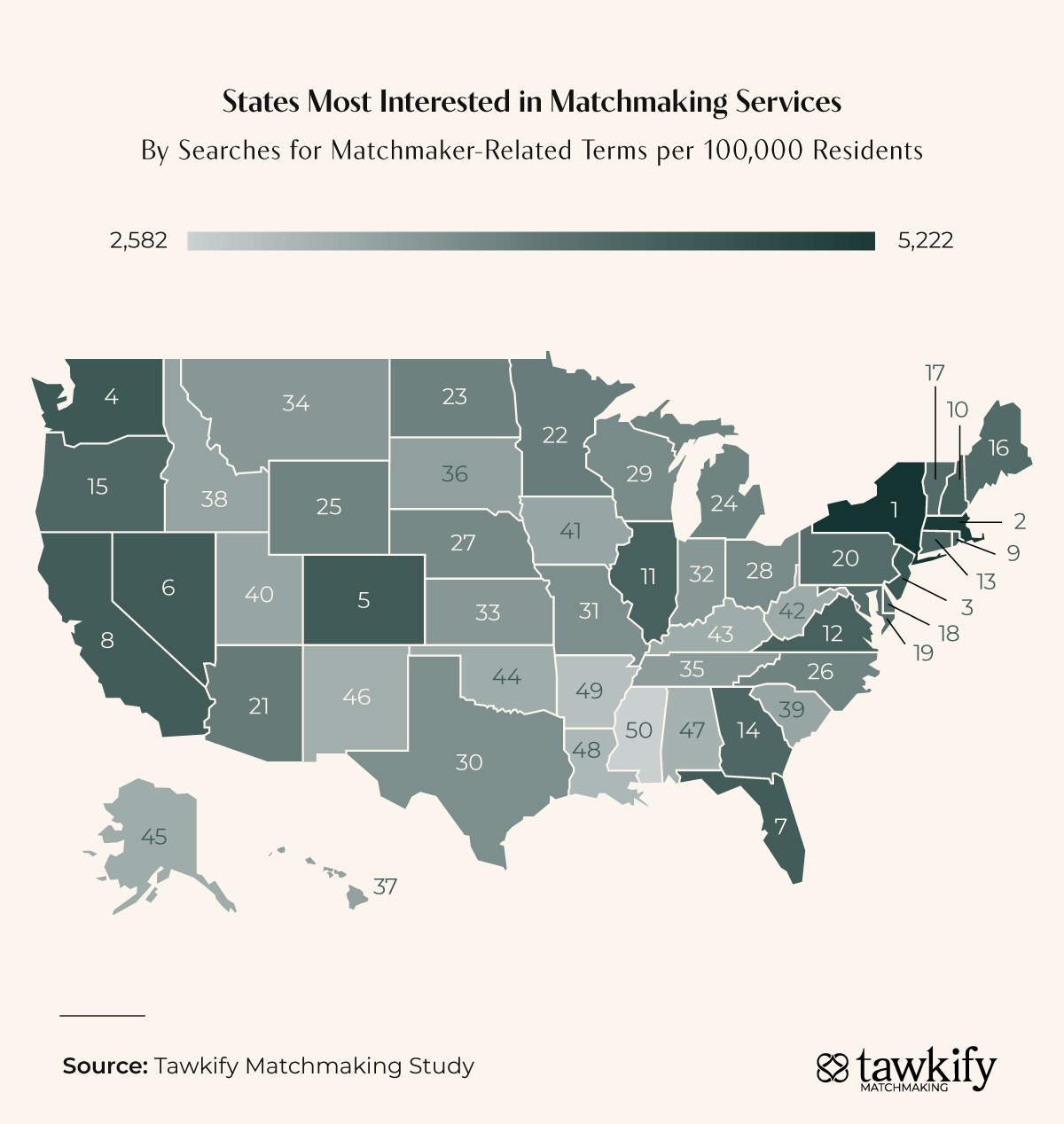 Map ranking U.S. states by search interest in matchmaking services per capita.