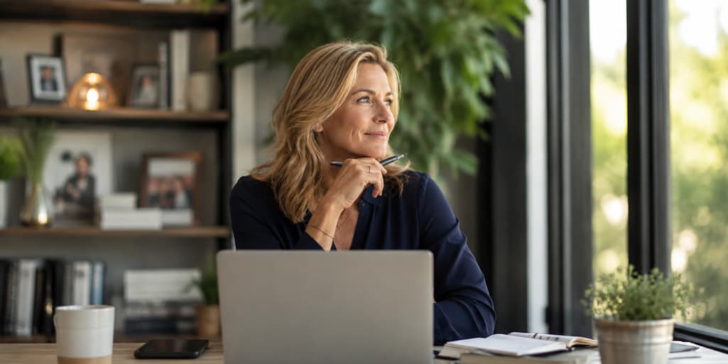 Divorced professional woman in her 50s reflecting at a laptop, representing personalized matchmaking and finding love after 50 in Washington, DC.