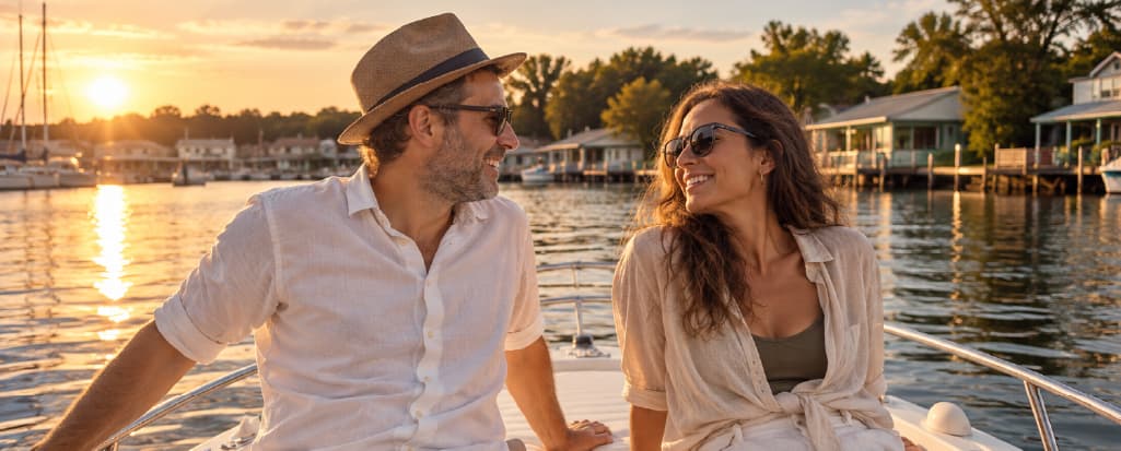 A smiling man in a hat and a smiling woman sitting on a boat at sunset, looking at each other.