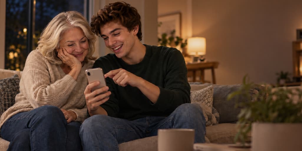 An older woman and a younger man smile together while looking at a smartphone, reflecting younger relatives helping older family members navigate dating.