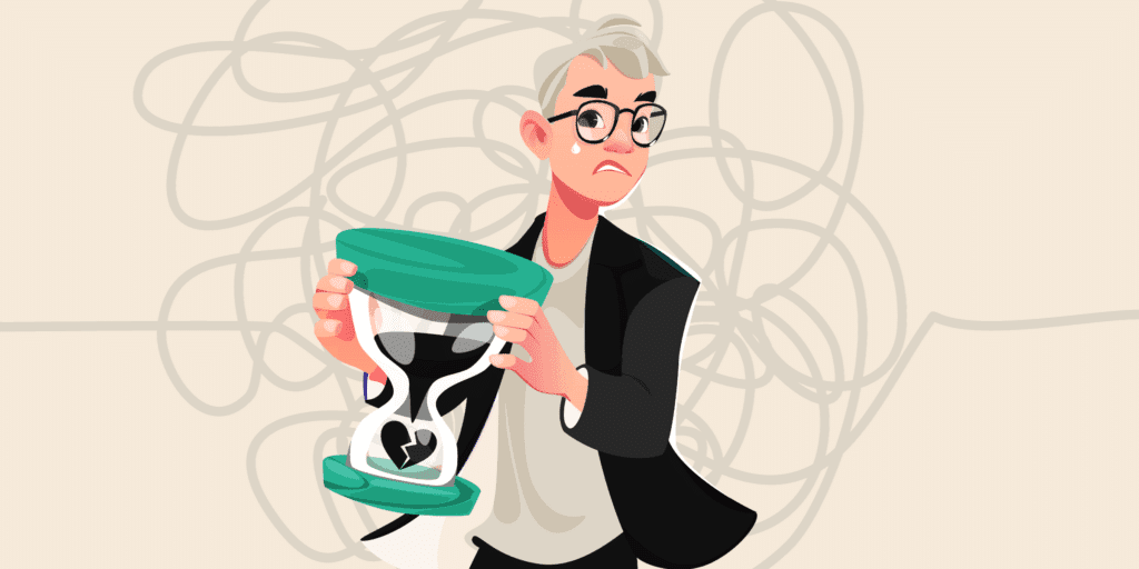 Why men are afraid of commitment. An illustration of a man holding an hour glass with a broken heart inside as if afraid of it.