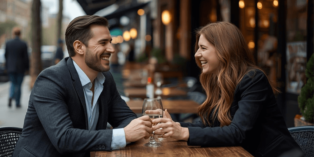 A professional couple sit at a sidewalk cafe table in the city fitting a midday date into their busy schedules.