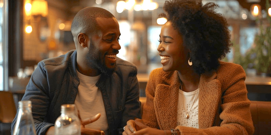 An African American couple laugh easily with each other on their date thanks to having a list of first date questions to guide their conversation and test compatibility.