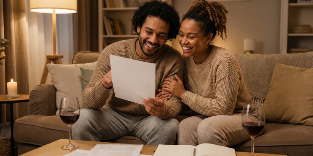 Smiling couple sitting on a couch reviewing papers together with wine nearby, suggesting shared financial or household planning.