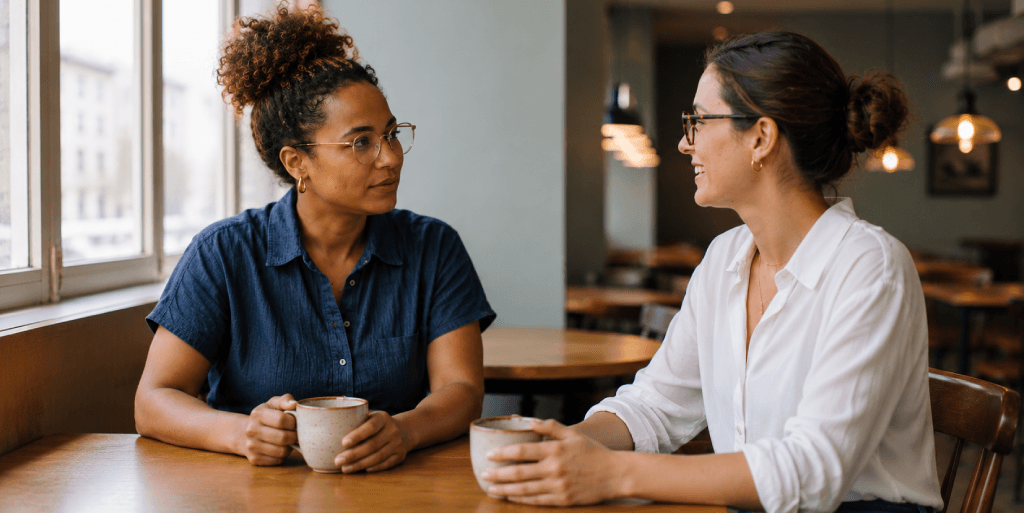 Two women sit across from each other at a café table holding coffee mugs in a thoughtful, open conversation, representing the honest one-on-one dialogue between a matchmaker and a newly divorced woman exploring what's next.