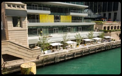 Riverfront patio of Pizzeria Portofino along the Chicago River in River North