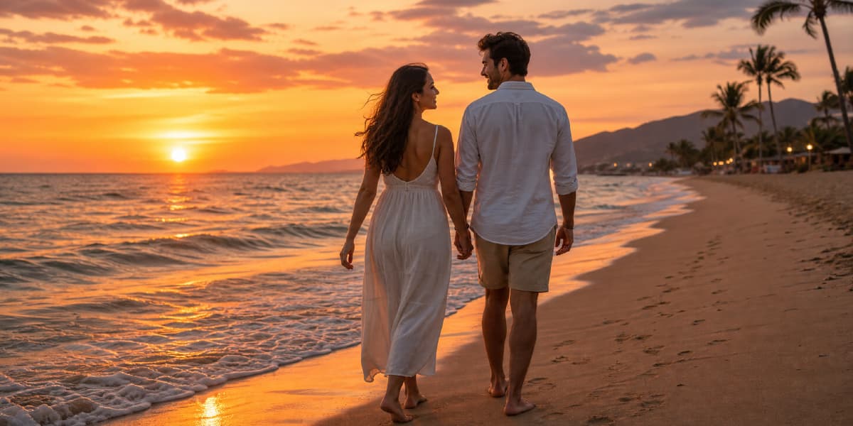 Couple walking hand in hand along a beach at sunset, representing a happy match found through Tawkify.