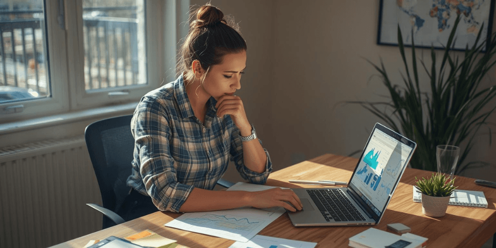 A woman reviews her finances on a laptop with papers on her desk as she considers dating after a divorce.