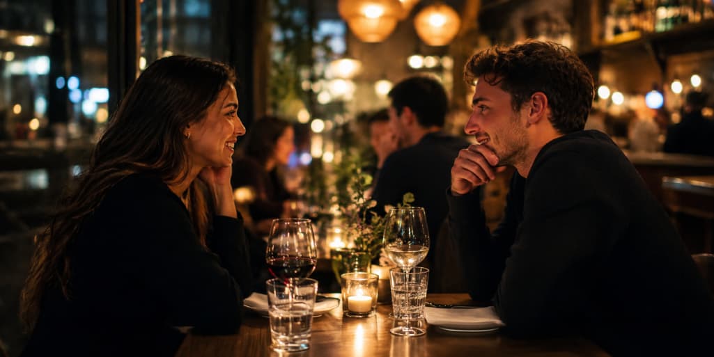 Couple smiling and talking over wine at a warmly lit Boston restaurant, representing a relaxed first date arranged through a matchmaking service.